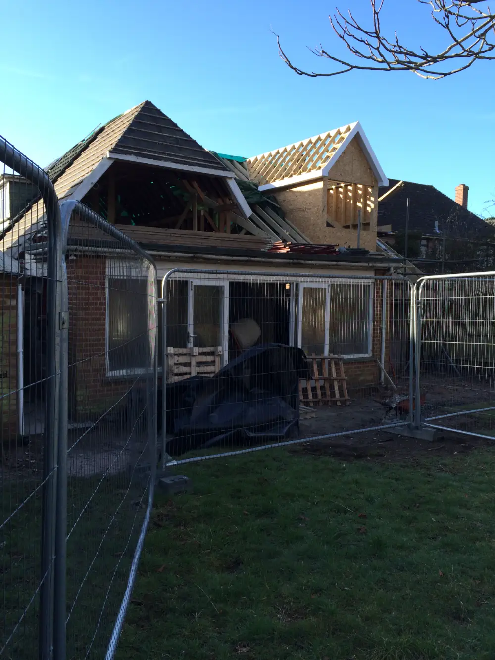 New roof structure being framed on a bungalow