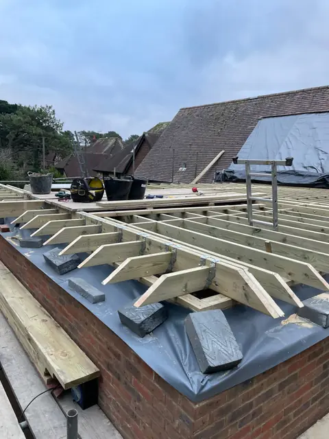 Ceiling joists fixed along the wall plate of the extension, with the existing roof sheeted over behind