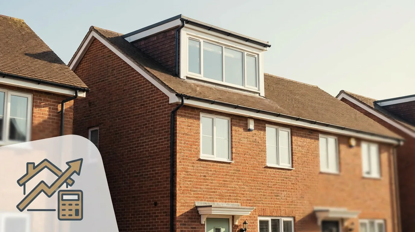 Red-brick semi-detached house with a flat-roofed dormer loft conversion, with a house-price and calculator icon in the corner