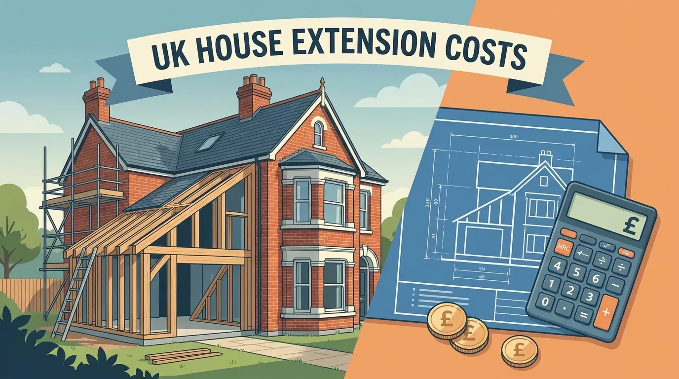 Illustration headed “UK House Extension Costs”: a timber-framed extension going up on a red-brick house, beside a blueprint, a calculator and pound coins