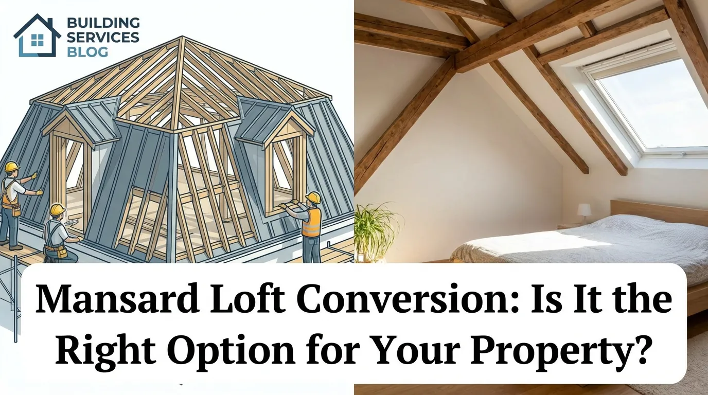 Illustration of builders framing a mansard loft conversion beside a photo of a finished loft bedroom with exposed beams, titled “Mansard Loft Conversion: Is It the Right Option for Your Property?”